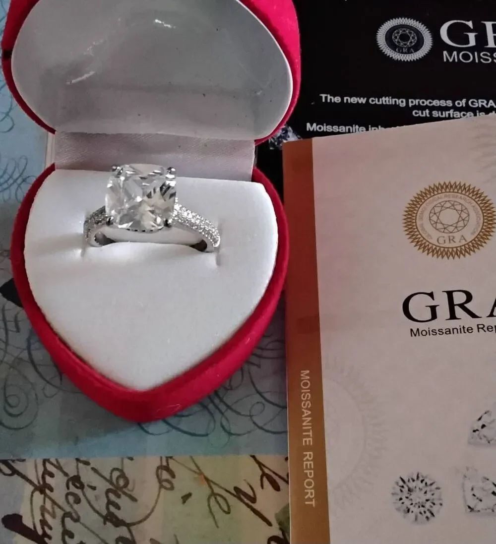 CERTIFIED GRA 5 Ct. Cushion Cut & Pave Genuine Moissanite Engagement Ring #8